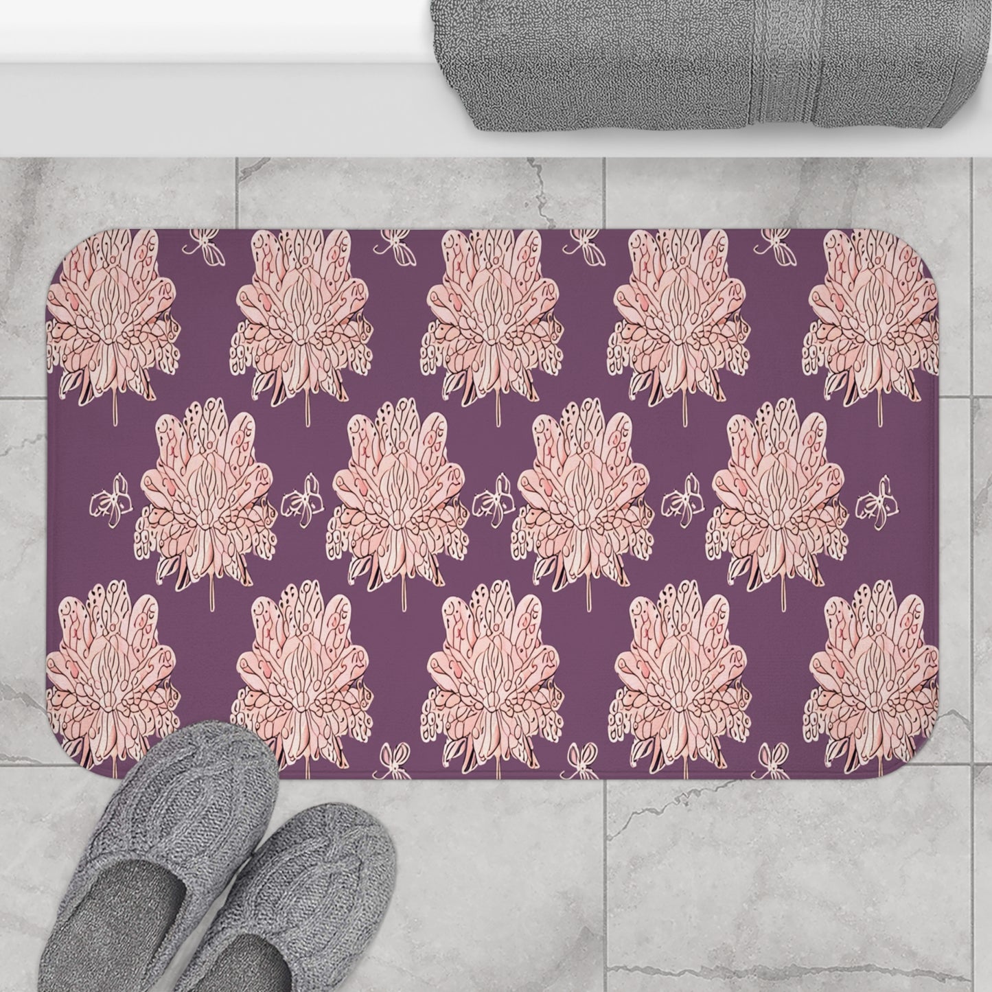 Pink Floral Butterflies 34" x 21" Bath Mat