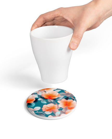Orange Blossom Floral Bunch Round Ceramic Coaster, 4" x 4"