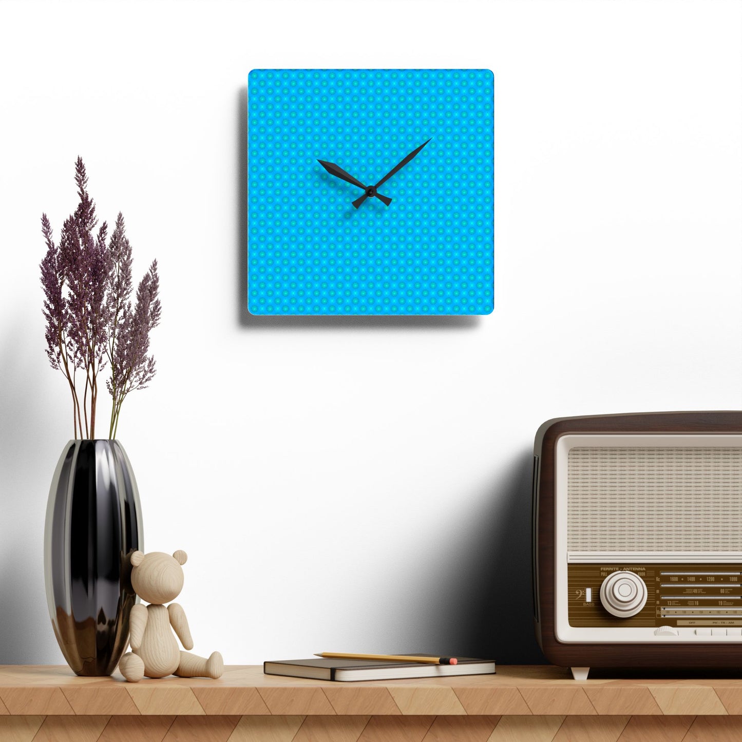 Blue Green Star-crossed Bodies Acrylic Wall Clock, Round or Square, 10.75" x 10.75"