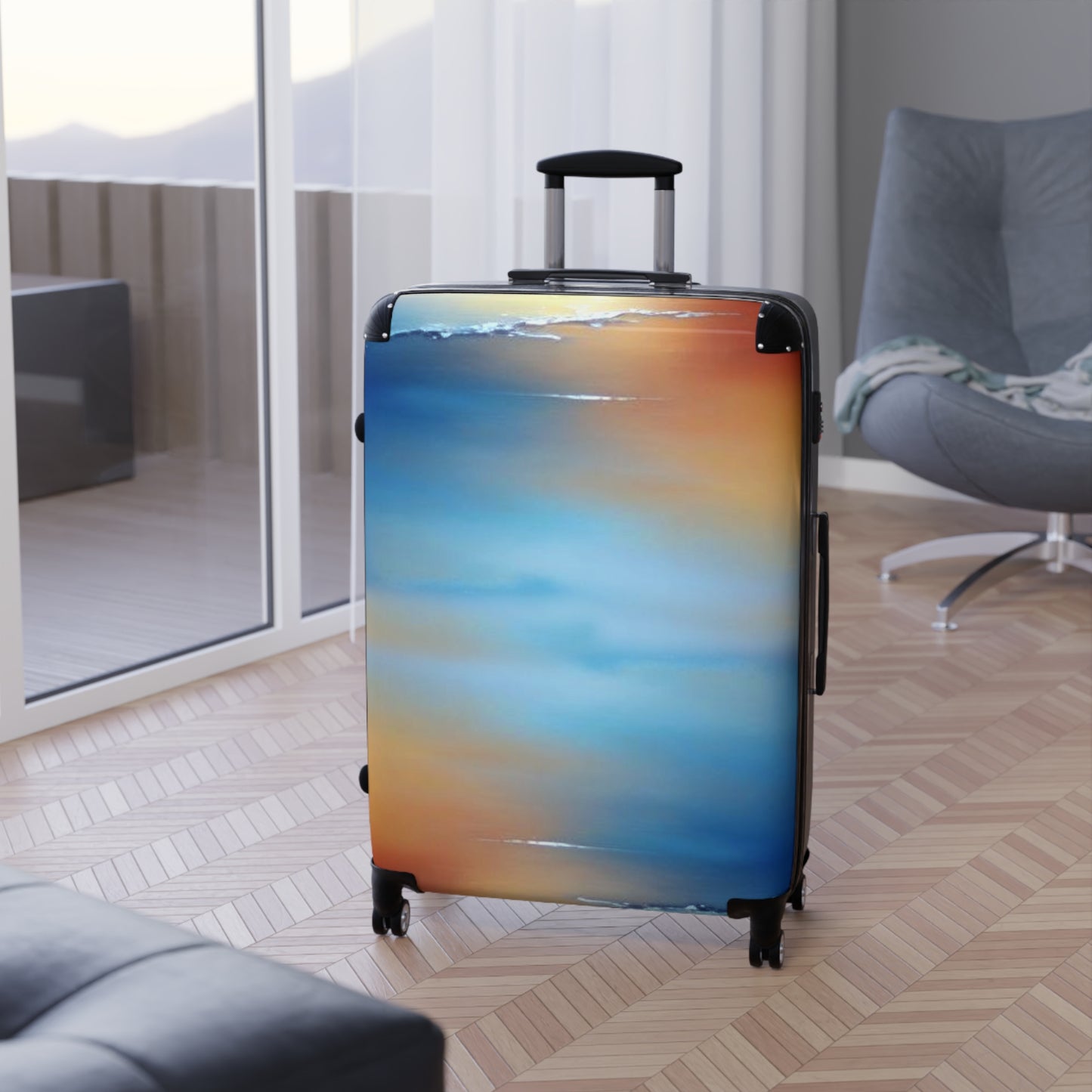 Blue Sea Red Orange Fog Large Suitcase with built in lock, 4 double-wheels, telescopic handle, and ABS back hard-shell