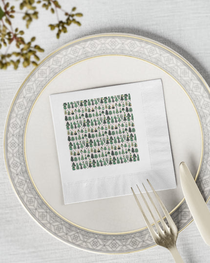 Mini Vintage Green Trees White Coined Napkins, 4.8" x 4.8"