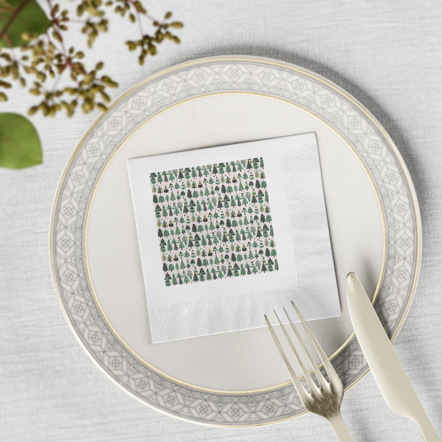 Mini Vintage Green Trees White Coined Napkins, 4.8" x 4.8"