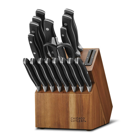 Chicago Cutlery Insignia Triple Rivet Poly (18-PC) Kitchen Knife Block Set With Wooden Block & Built-In Sharpener Black Ergonomic Handles and Sharp Stainless Steel Professional Chef Knife Set