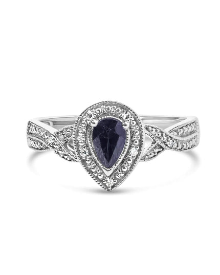 .925 Sterling Silver 6x4mm Pear Sapphire Gemstone with Diamond Accent Fashion Halo Ring (H-I Color, SI1-SI2 Clarity)