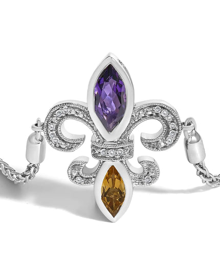 .925 Sterling Silver Marquise Purple Amethyst, Orange Citrine, and Diamond Accent Lariat 4”-10” Fleur De Lis Adjustable Bolo Bracelet (I-J Color, I1-I2 Clarity)