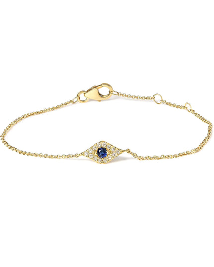 10K Yellow Gold Blue Sapphire and Diamond Accent Evil Eye Station Link Bracelet  (H-I Color, I1-I2 Clarity) - Size 7"