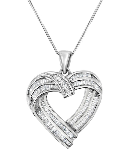 Sterling Silver 7/8 cttw Baguette Diamond Heart Pendant Necklace (I-J, I2-I3)