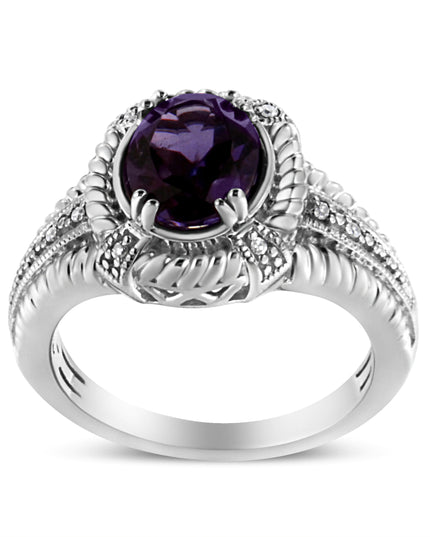 .925 Sterling Silver Prong Set Natural Oval Shape 9X7 MM Purple Amethyst Solitaire and Diamond Accent Ring (I-J Color, I1-I2 Clarity)