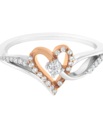 10K Rose Gold Plated .925 Sterling Silver 1/5 Cttw Diamond Two Tone Open Heart Promise or Fashion Ring (I-J Color, I2-I3 Clarity)