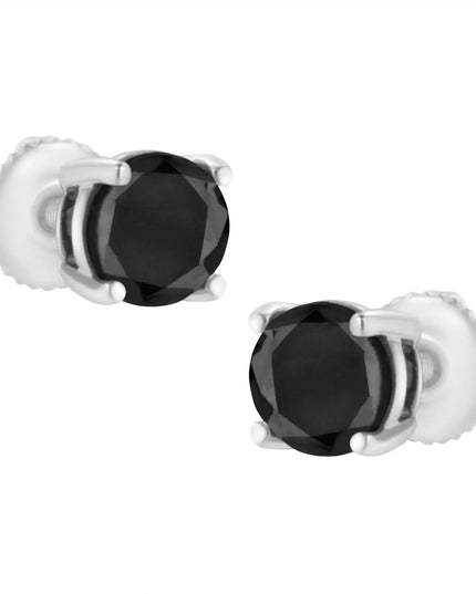 .925 Sterling Silver Round Brilliant-Cut Black Diamond Classic 4-Prong Stud Earrings with Screw Backs (Fancy Color-Enhanced, I2-I3 Clarity)