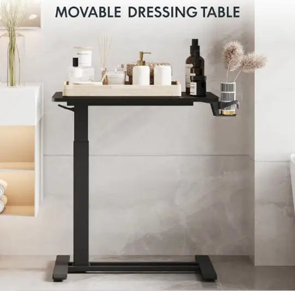 Adjustable Height Rolling Desk Side Table With Hidden Wheels, Cup Holder