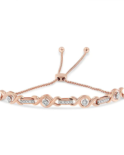 .925 Sterling Silver Channel Set Diamond Accent Twist 4”-10” Adjustable Bolo Bracelet (I-J Color, I3 Clarity)