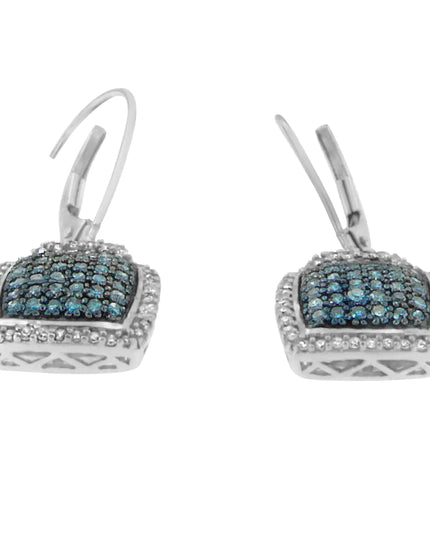 Black Rhodium over .925 Sterling Silver ¾ Cttw Blue and White Diamond Cushion Shaped Dangle Earrings (Enhanced Blue & I-J Color, I2-I3 Clarity)