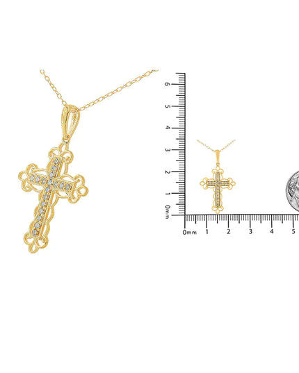 10K Yellow Flashed .925 Sterling Silver 1/4 Cttw Champagne Diamond Filigree Cross Pendant Necklace (K-L Color, I1-I2 Clarity) - 18"