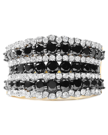 14K Yellow Gold Plated .925 Sterling Silver 1 3/4 Cttw Treated Black and White Alternating Diamond Multi Row Band Ring (Black / I-J Color, I2-I3 Clarity)