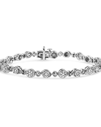 .925 Sterling Silver 1.0 Cttw Diamond Swirl Beaded Link Bracelet (I-J Color, I3-Promo Clarity) - 7.25" Inches