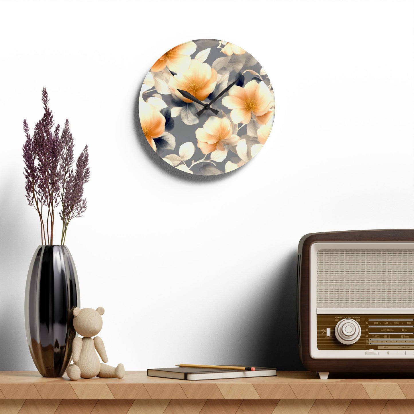 Soft Blossom Floral Bunch Acrylic Wall Clock, Round or Square, 10.75" x 10.75"
