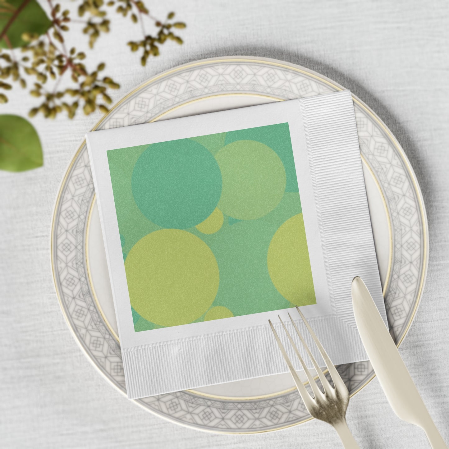 Pastel Green Patches White Coined Napkins, 6.5" x 6.5"