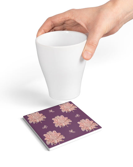 Pink Floral Butterflies 4" x 4" Square Ceramic Coaster
