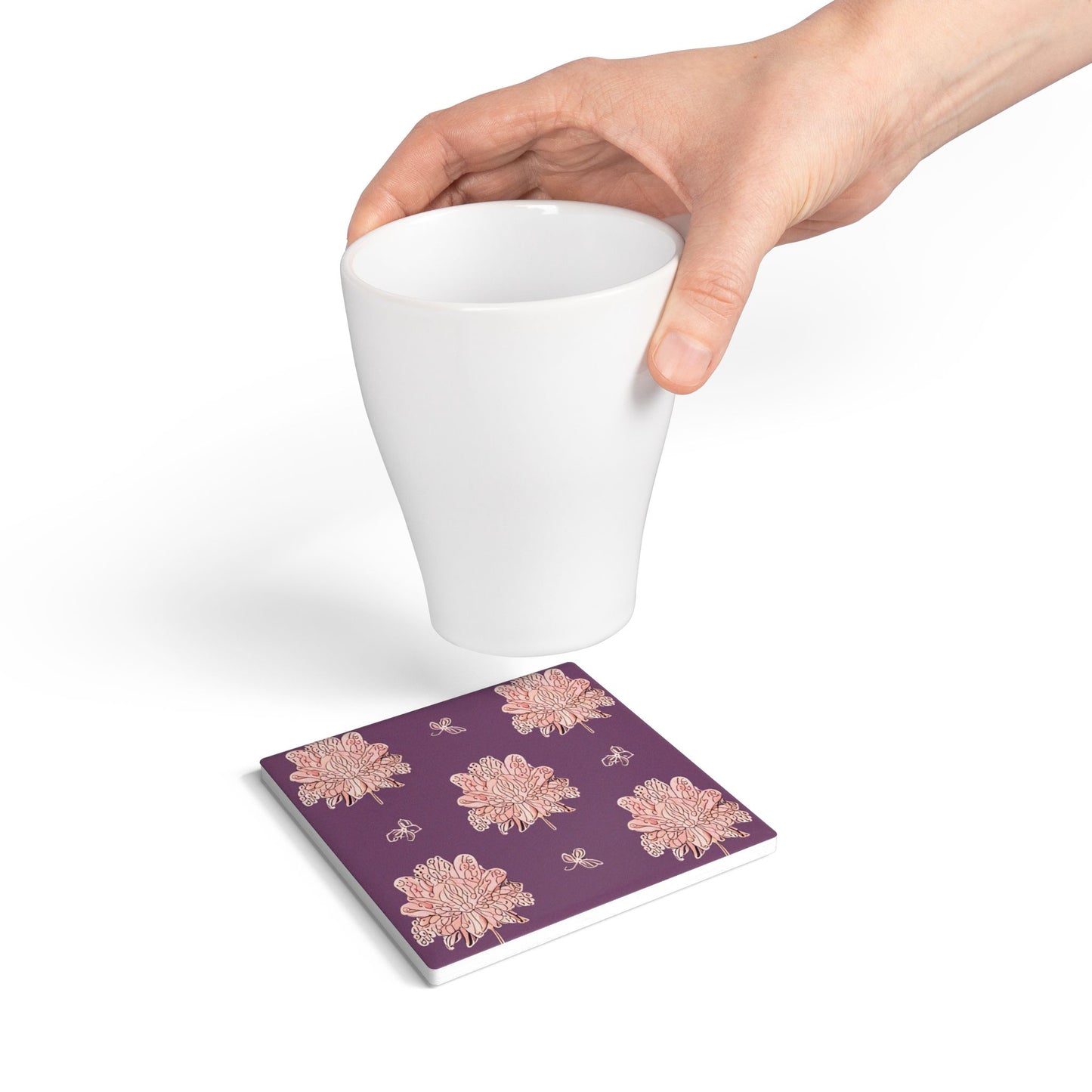 Pink Floral Butterflies 4" x 4" Square Ceramic Coaster