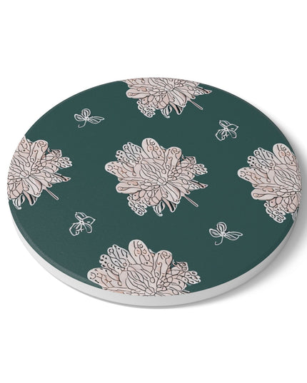 Soft White Floral Butterflies 4" x 4" Round Ceramic Coaster