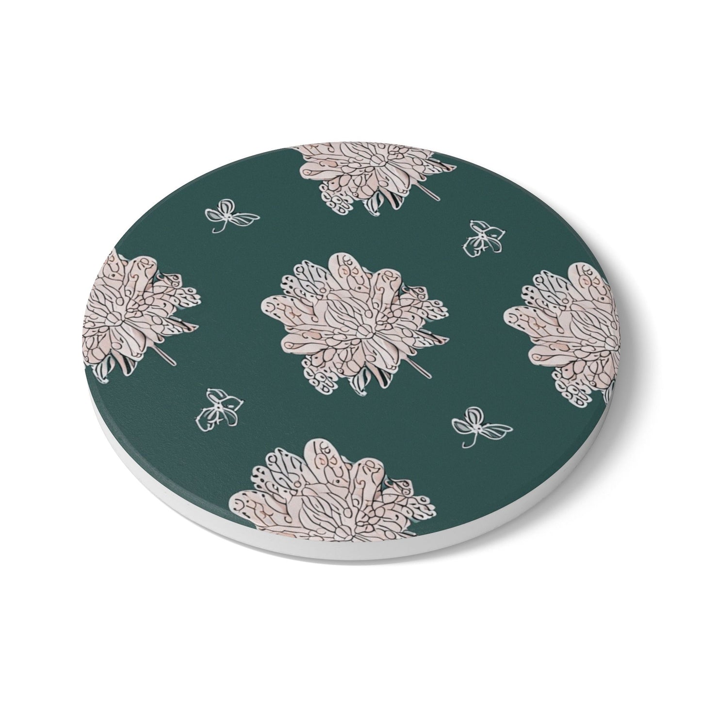 Soft White Floral Butterflies 4" x 4" Round Ceramic Coaster