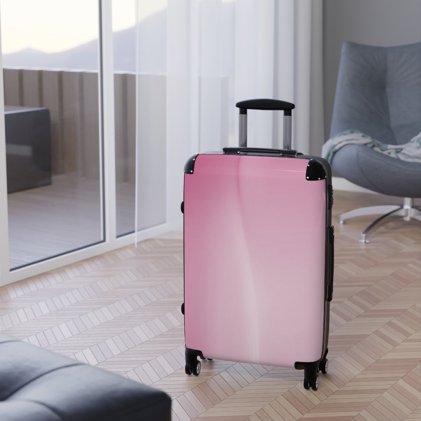 Pink Blush Fade Medium Suitcase with built in lock, 4 double-wheels, telescopic handle, and ABS back hard-shell