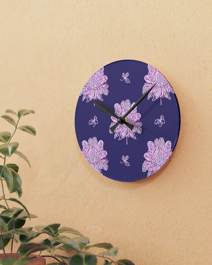 Magenta Floral Butterflies Acrylic Round Wall Clock, 8" x 8"