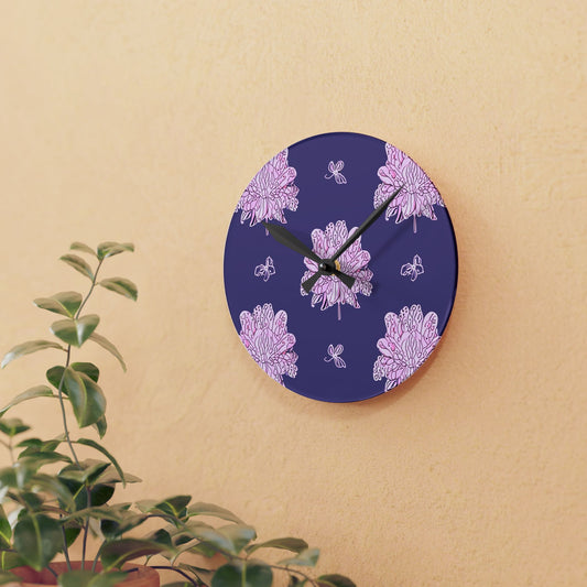 Magenta Floral Butterflies Acrylic Round Wall Clock, 8" x 8"