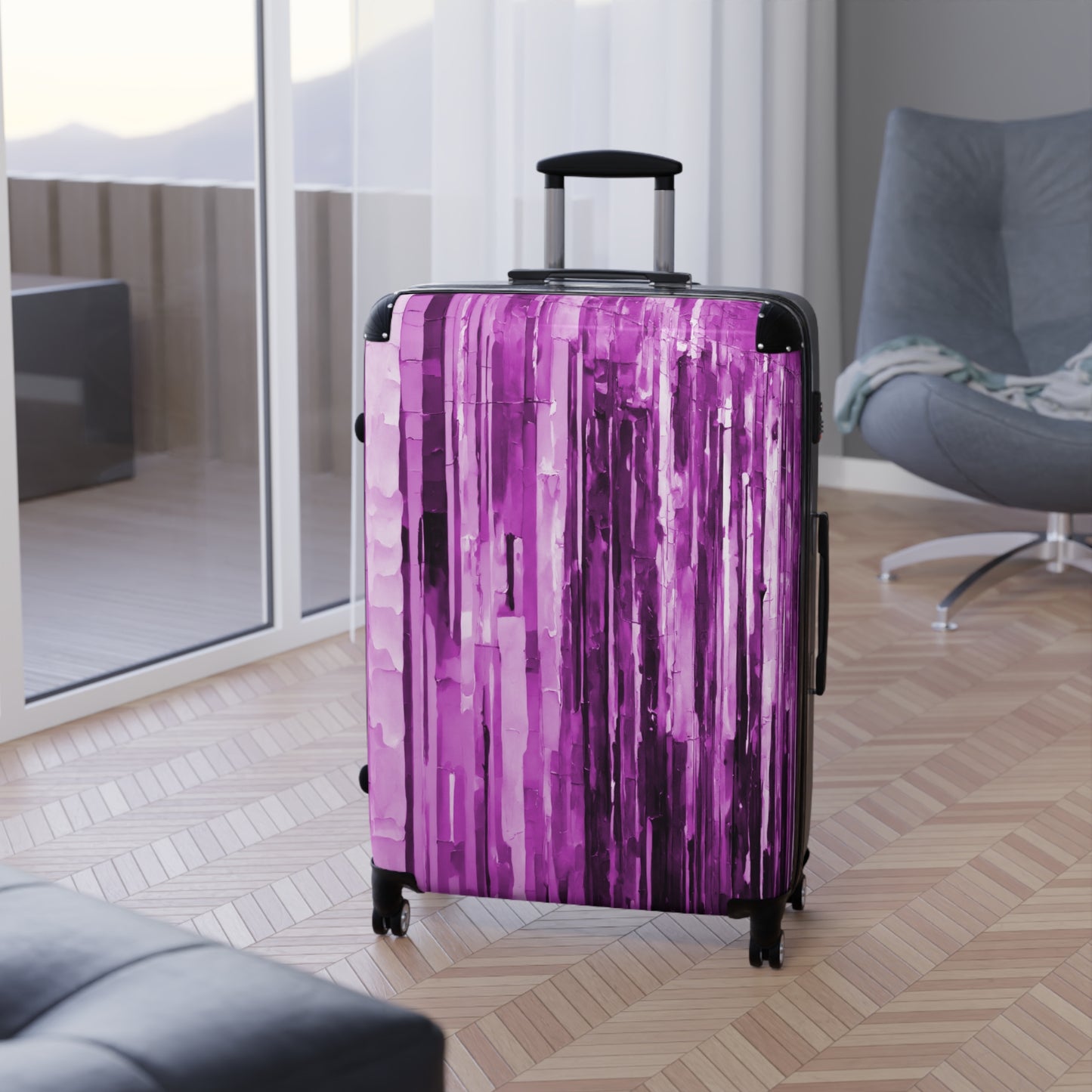 Striped Powder Lavender Large Suitcase with built in lock, 4 double-wheels, telescopic handle, and ABS back hard-shell