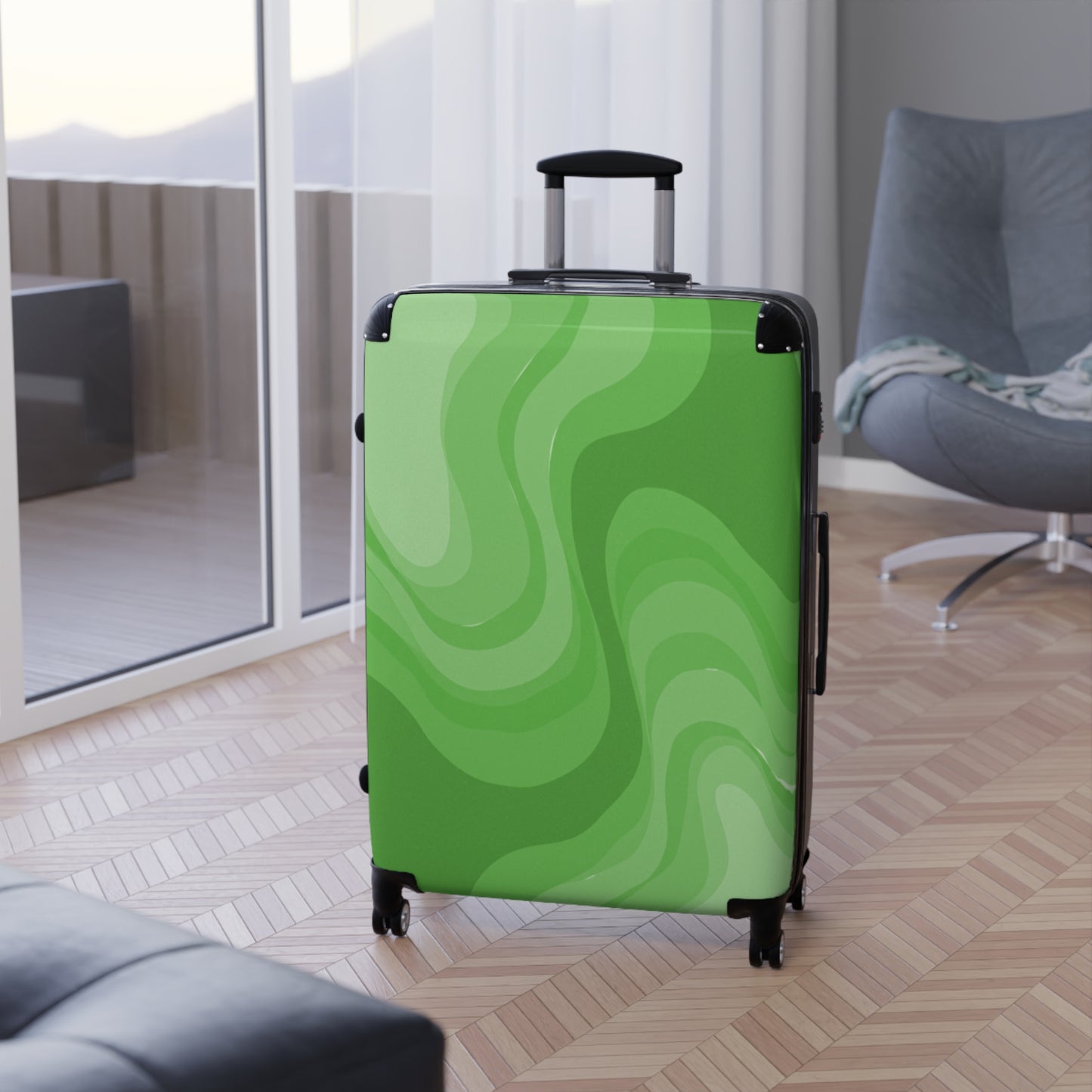 Greenie Meanie Wavey Large Suitcase with built in lock, 4 double-wheels, telescopic handle, and ABS back hard-shell
