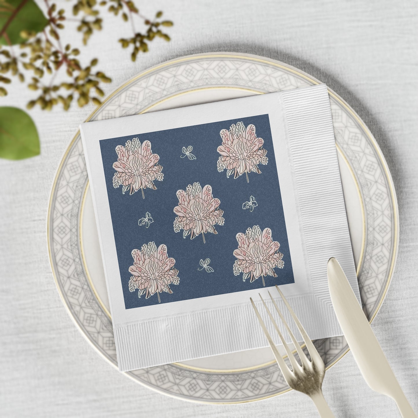 Rose White Floral Butterflies White Coined Napkins, 6.5" x 6.5"