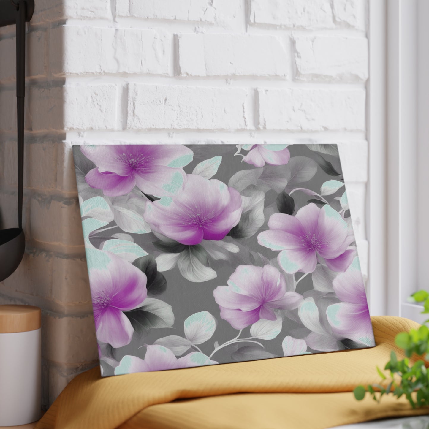 Purple Blossom Floral Bunch Glass Cutting Board, 8" x 11"