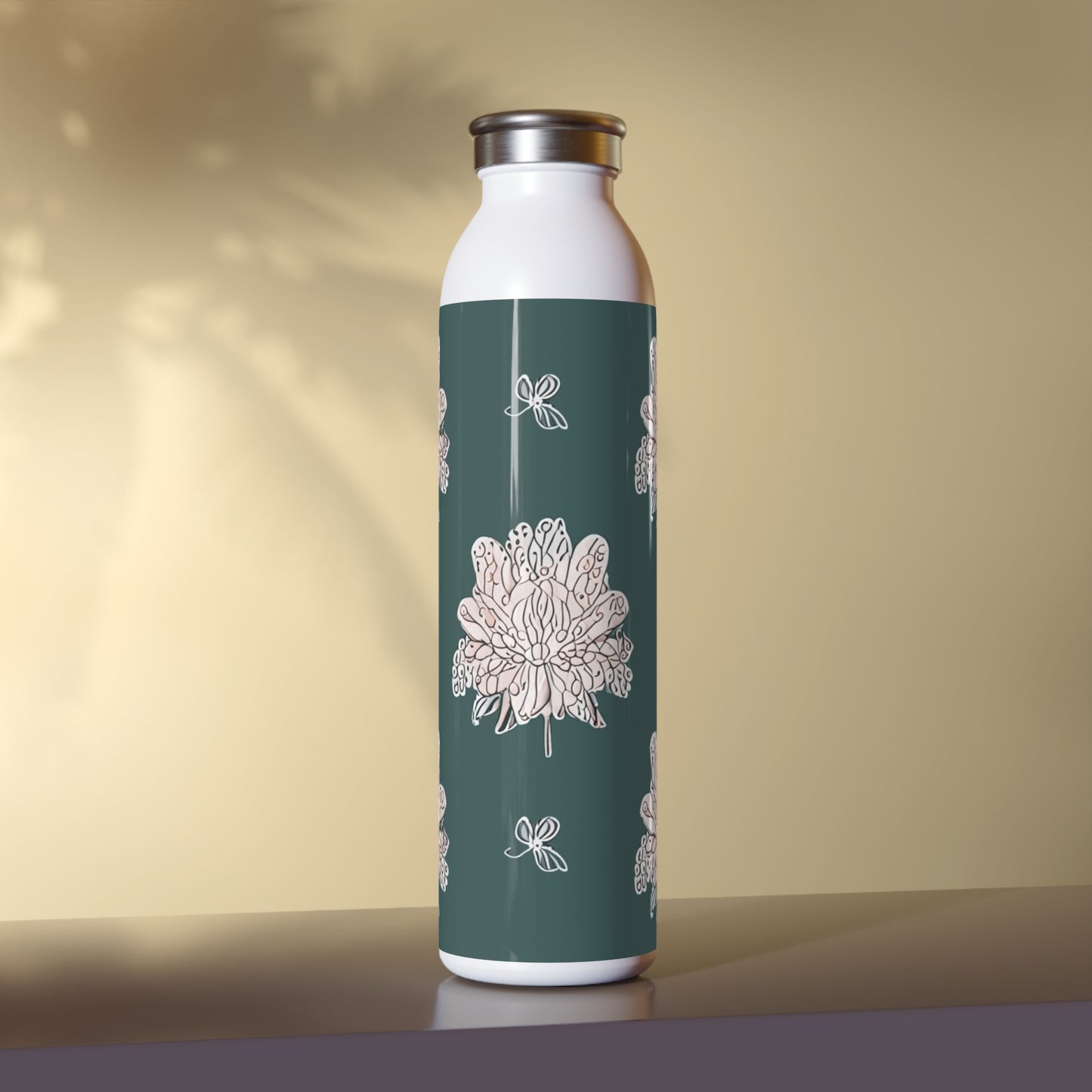 Soft White Floral Butterflies Slim Water Bottle, 20 oz White
