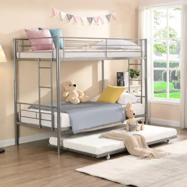 Metal Bunk Bed With Trundle, Silver
