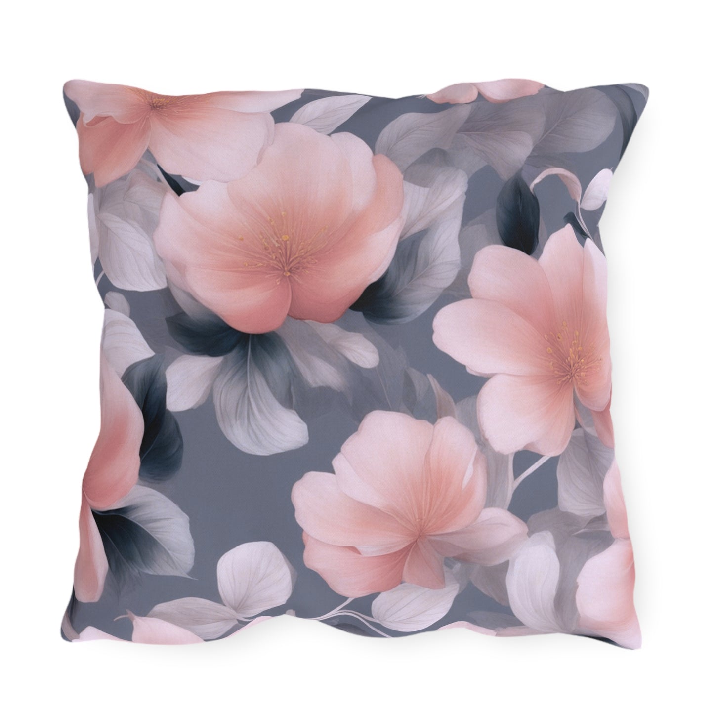 Peach and Blue Gray Floral Bunch 20" x 20" Outdoor Pillow
