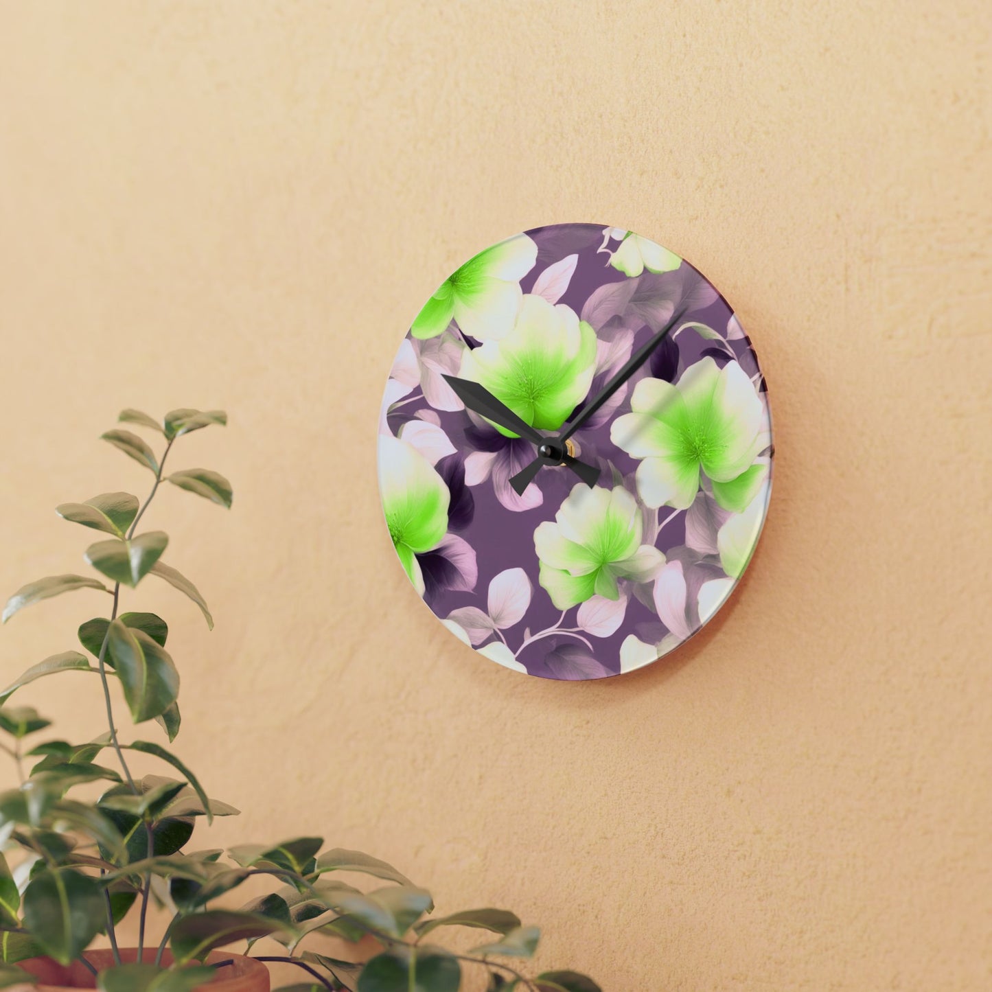 Lime Lavender Floral Bunch Acrylic Round Wall Clock, 8" x 8"