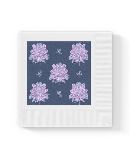 Purple White Floral Butterflies White Coined Napkins, 6.5" x 6.5"