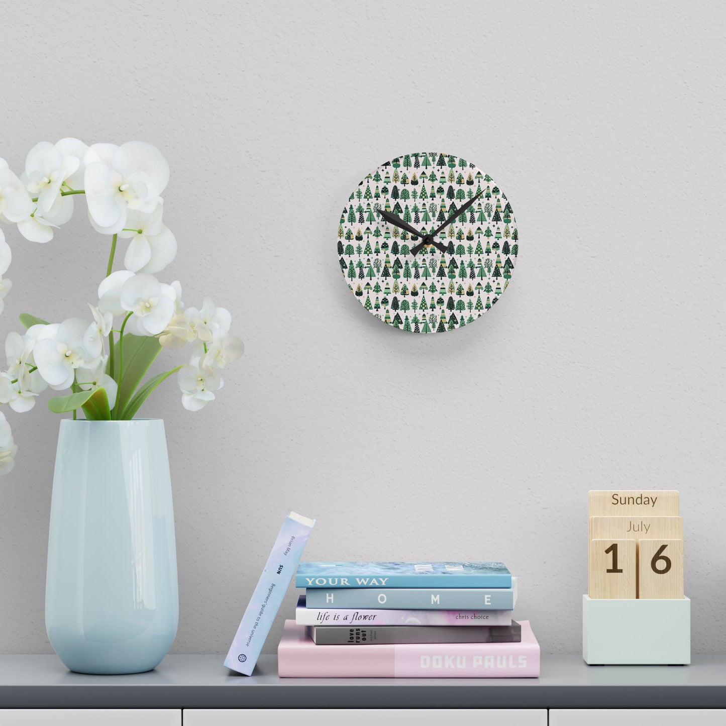 Mini Vintage Green Trees Acrylic Round Wall Clock, 8" x 8"