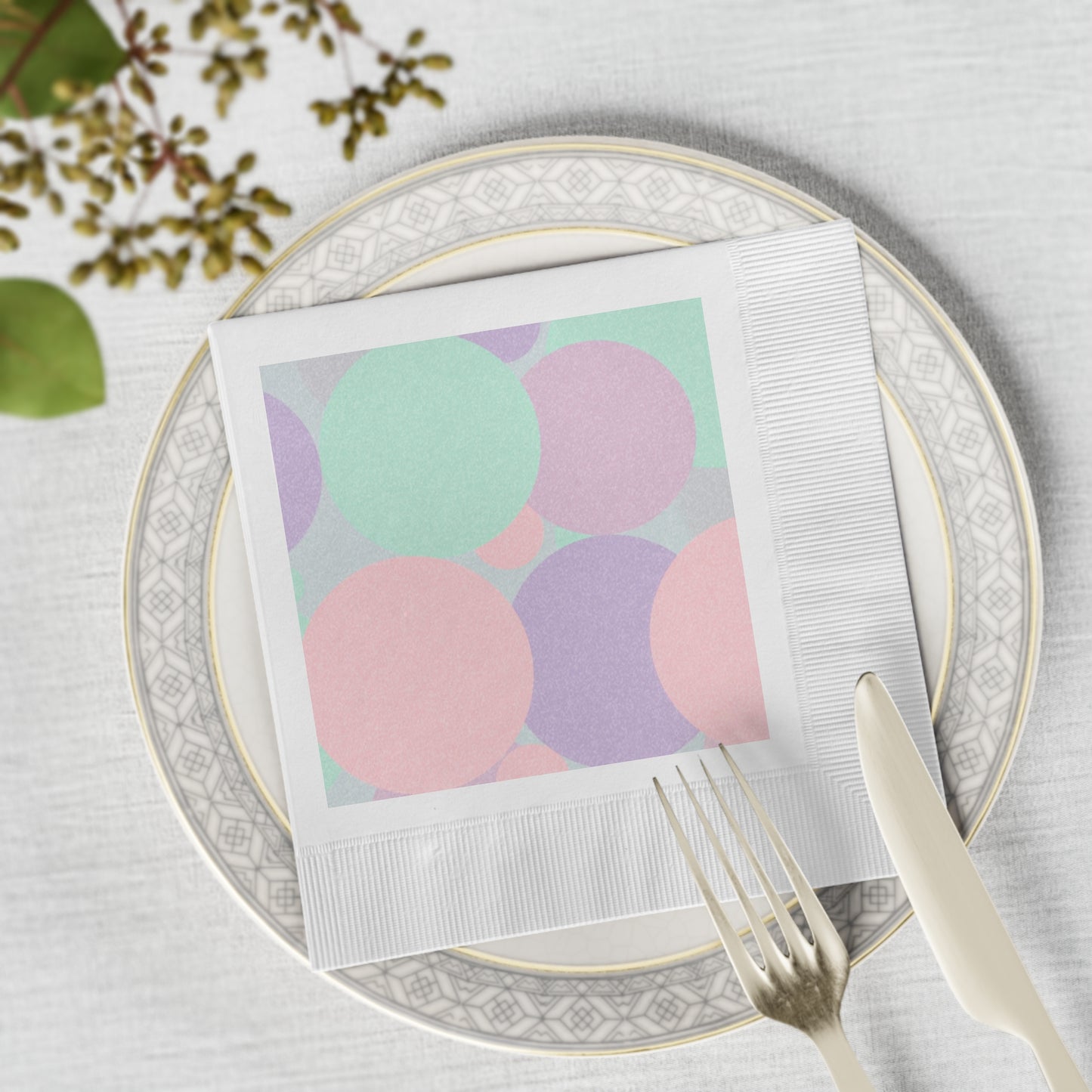 Pastel Peach and Soft Green Patches White Coined Napkins, 6.5" x 6.5"