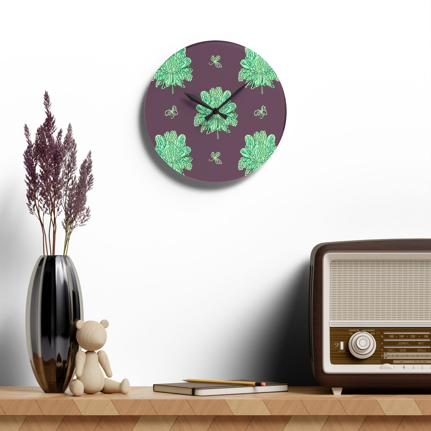 Mint Green Floral Butterflies Acrylic Wall Clock, Round or Square, 10.75" x 10.75"
