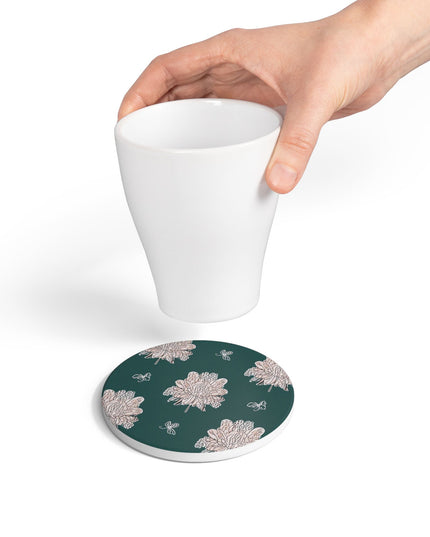 Soft White Floral Butterflies 4" x 4" Round Ceramic Coaster
