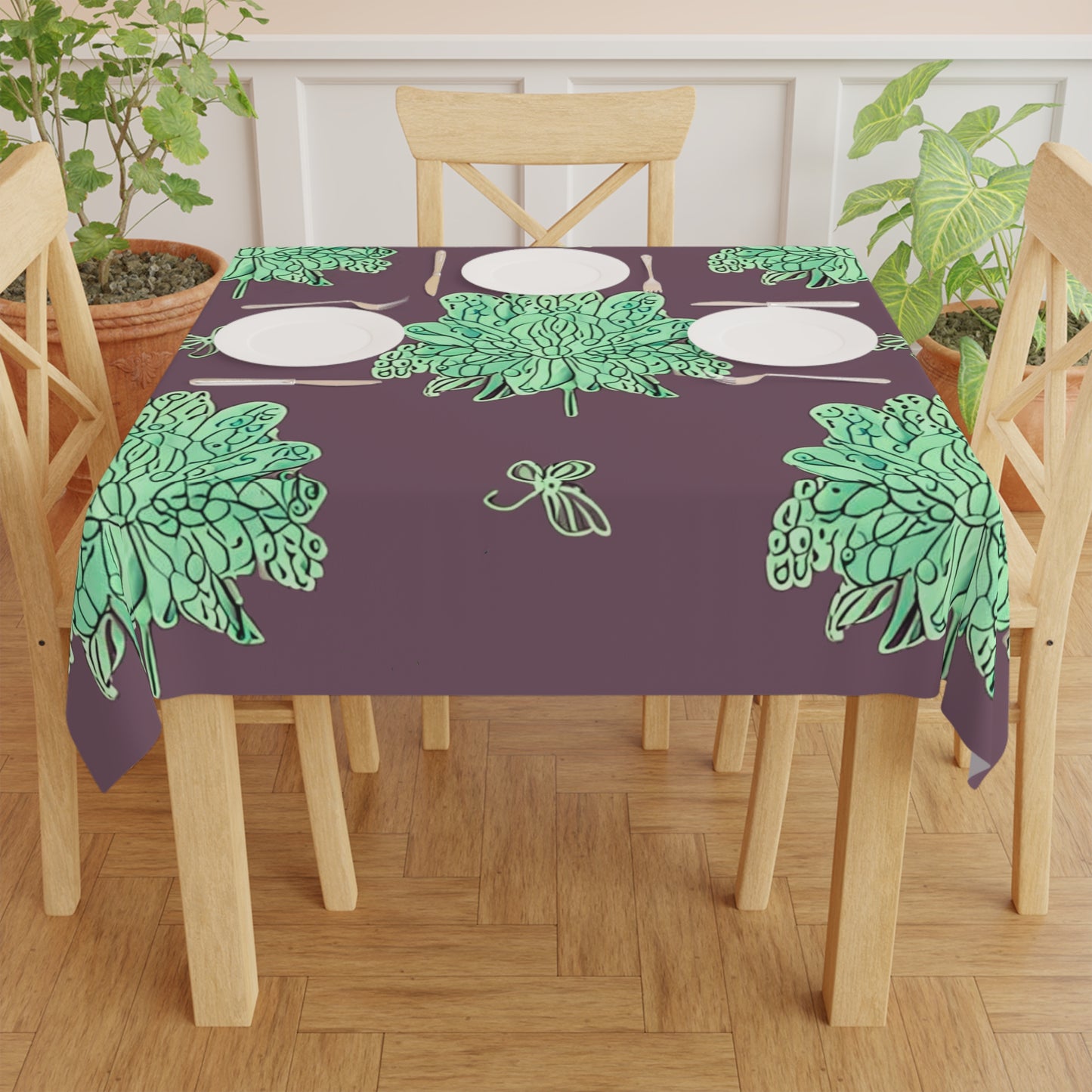 Mint Green Floral Butterflies Tablecloth, 55" x 55"