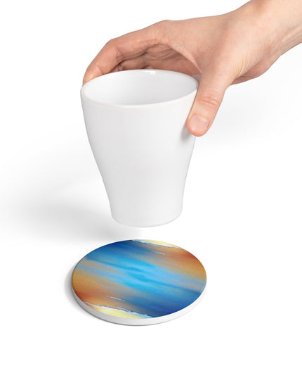 Blue Sea Red Orange Fog 4" x 4" Round Ceramic Coaster