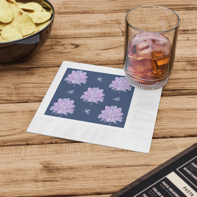 Purple White Floral Butterflies White Coined Napkins, 6.5" x 6.5"