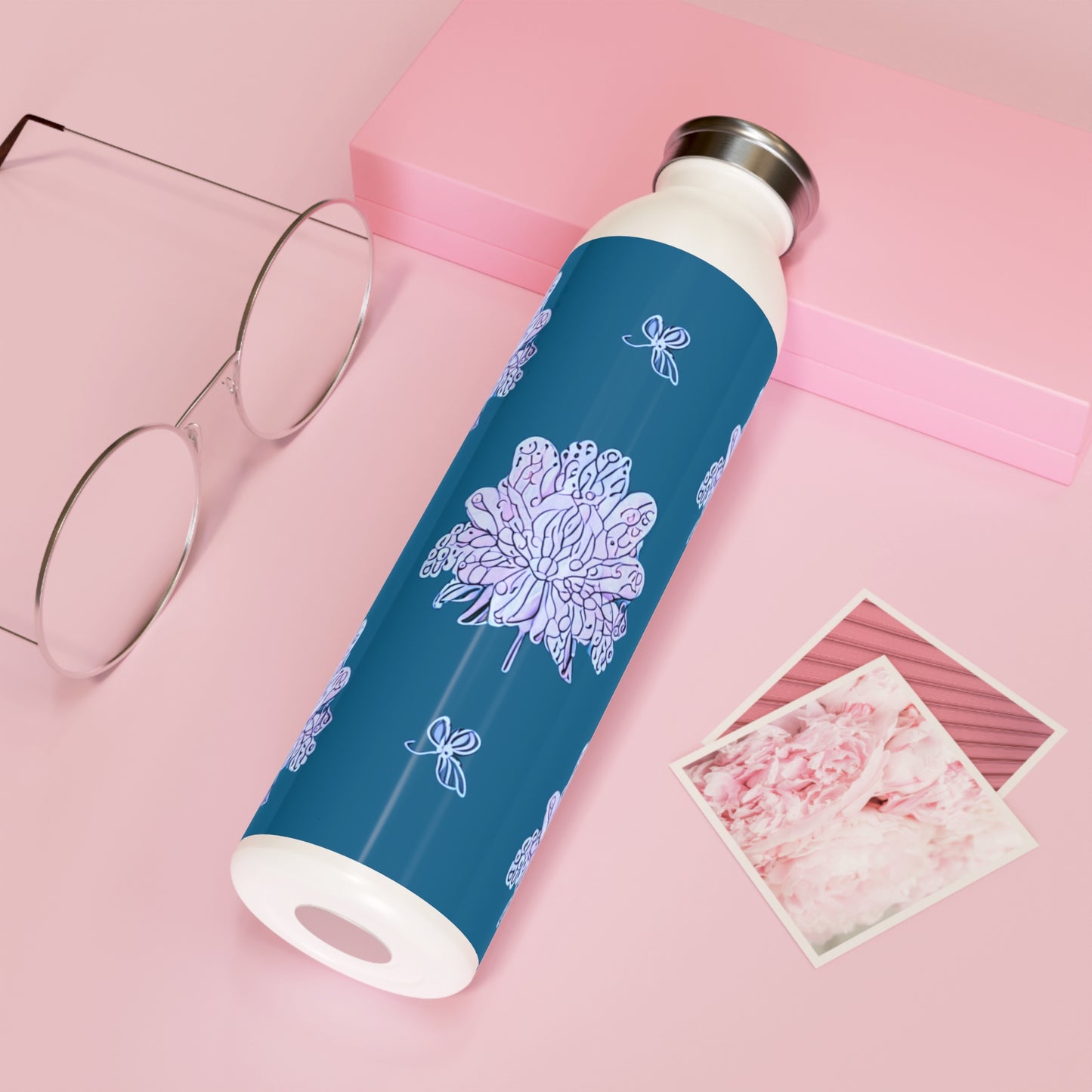 Lavender Floral Butterflies Slim Water Bottle, 20 oz White