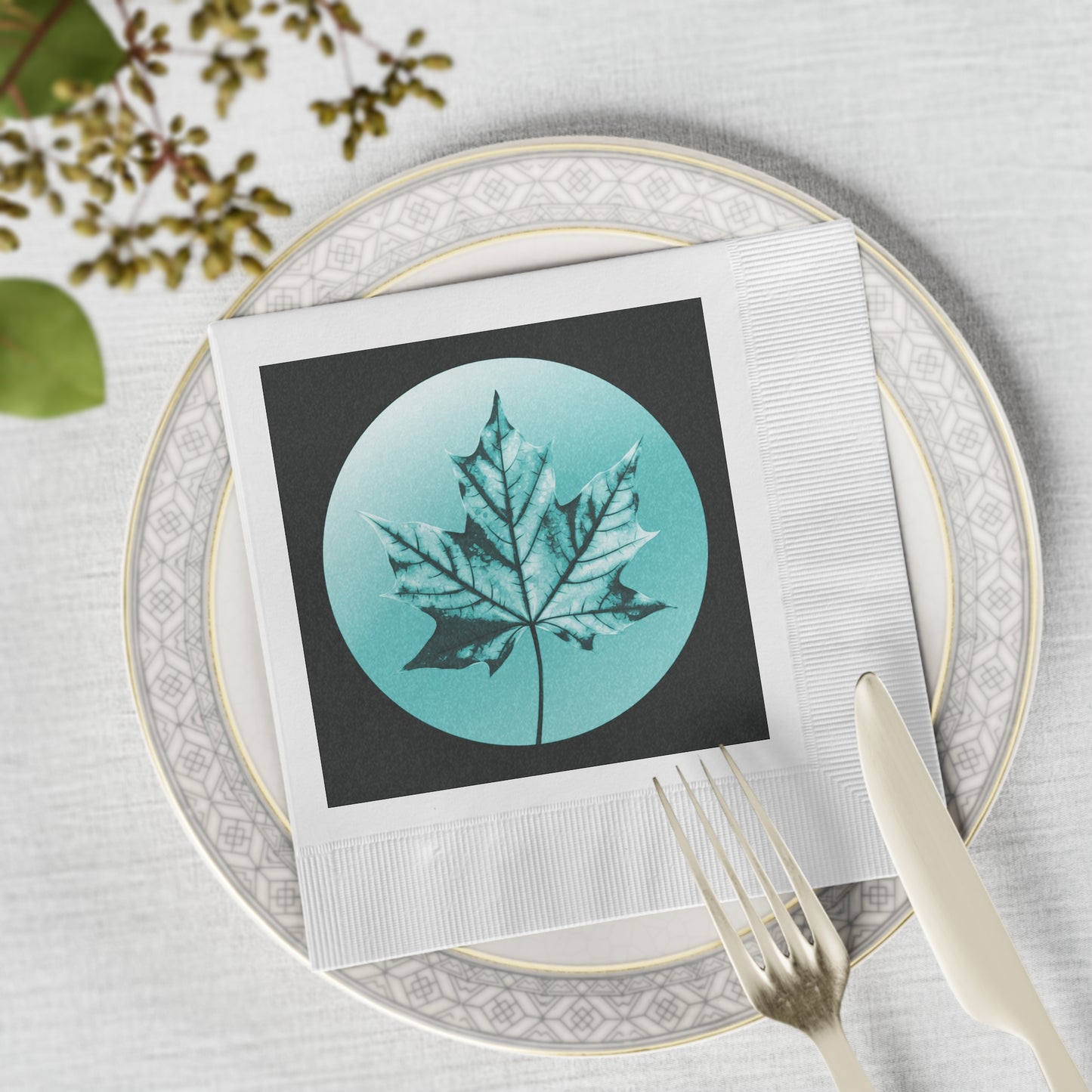 Tif Green Maple Leaf White Coined Napkins, 6.5" x 6.5"