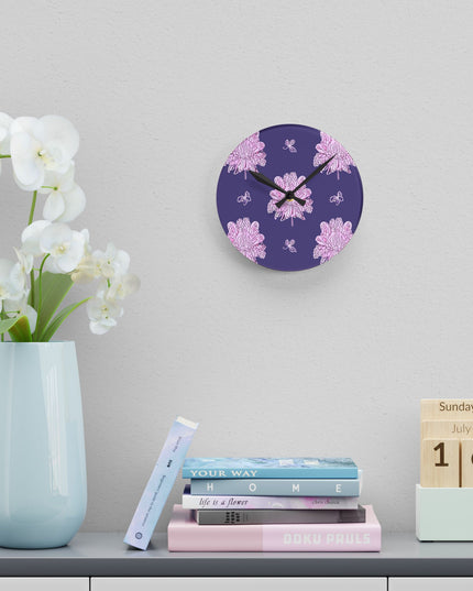 Magenta Floral Butterflies Acrylic Round Wall Clock, 8" x 8"