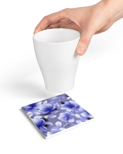 Indigo Blossom Floral Bunch Square Ceramic Coaster, 4" x 4"
