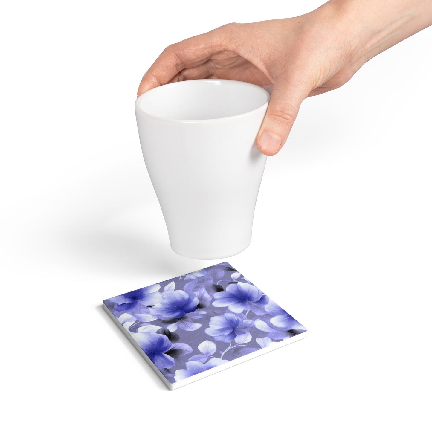 Indigo Blossom Floral Bunch Square Ceramic Coaster, 4" x 4"